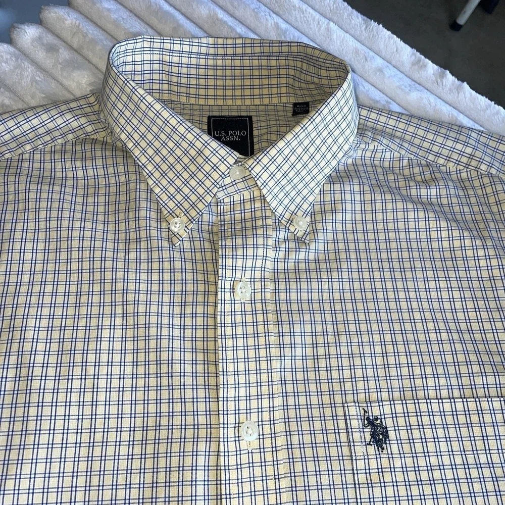 Us Polo Assn Shirt Mens L Plaid Casual Yellow Blue Button Up LS‎ Pocket Logo